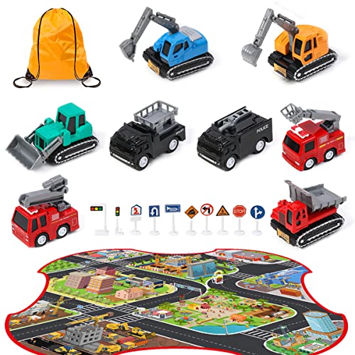 Meland Construction Vehicles Truck Toys Set with Play Mat - 8 Mini Engineer Pull Back Cars, 22.8x32.7Inch Playmat & 14 Road Signs, Toy Car Set for Boys Toddlers Birthday Christmas (Colorful) from Meland