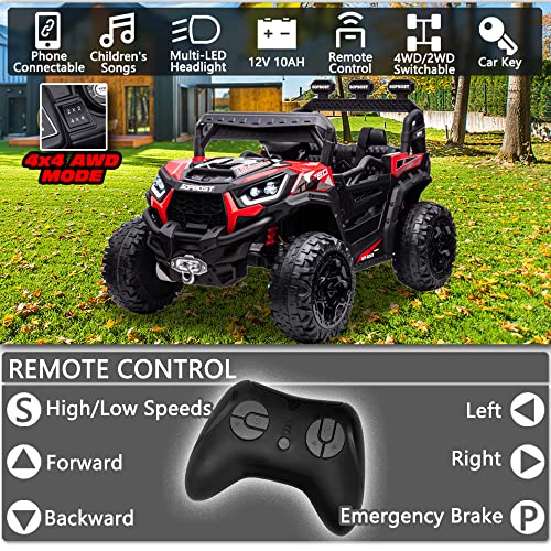 sopbost 12V 10AH Power Buggy 4x4 Kids Ride On Truck UTV 2WD/4WD Switchable Ride On Car with Remote Control Ride On Toys Electric Off-Road UTV Vehicle with Car Keys, 4 Shock Absorbers, Music Play, Red from sopbost