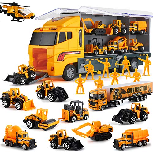 19 in 1 Construction Truck with Engineering Worker Toy Set, Mini Die-Cast Engine Car in Carrier Truck, Double Side Transport Vehicle Play for Child Kid Boy Girl Birthday Christmas Party Favors by Byonebye