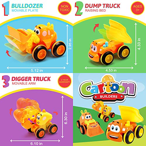 Toys for a 2 Year Old Boy - 3 Friction Powered Trucks for 2+ Year Old Boys, Push & Go Cars Cartoon Construction Vehicle Set - Toddler Boys Toys & Toy Trucks, Play Pull Back Car by MOBIUS Toys