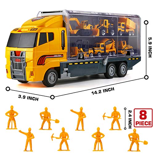 19 in 1 Construction Truck with Engineering Worker Toy Set, Mini Die-Cast Engine Car in Carrier Truck, Double Side Transport Vehicle Play for Child Kid Boy Girl Birthday Christmas Party Favors by Byonebye