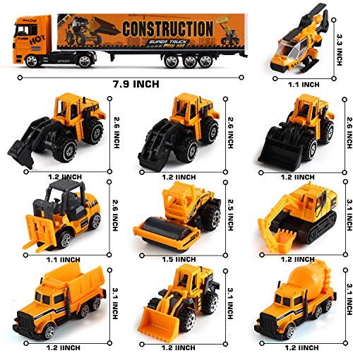 19 in 1 Construction Truck with Engineering Worker Toy Set, Mini Die-Cast Engine Car in Carrier Truck, Double Side Transport Vehicle Play for Child Kid Boy Girl Birthday Christmas Party Favors by Byonebye