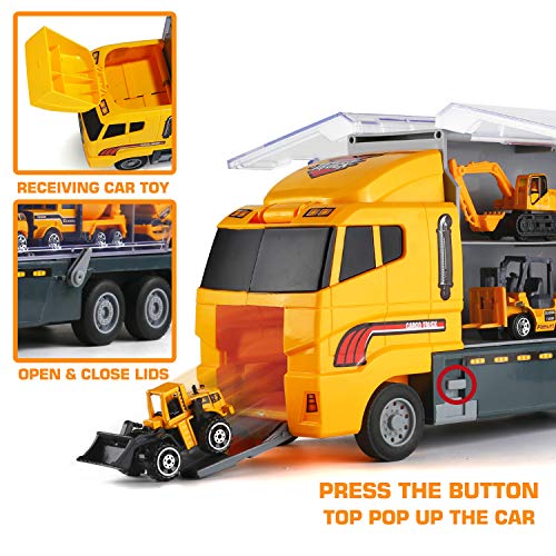 19 in 1 Construction Truck with Engineering Worker Toy Set, Mini Die-Cast Engine Car in Carrier Truck, Double Side Transport Vehicle Play for Child Kid Boy Girl Birthday Christmas Party Favors by Byonebye