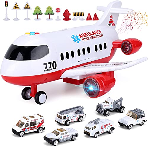 Airplane Toy, Kids Airplane Toys for 3 4 5 6 Year Old Boys Girls Toddlers, Ambulance Aircraft Vehicle Play Set with 6 Rescue Trucks from Acksonse