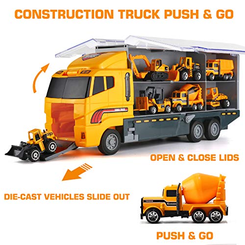 19 in 1 Construction Truck with Engineering Worker Toy Set, Mini Die-Cast Engine Car in Carrier Truck, Double Side Transport Vehicle Play for Child Kid Boy Girl Birthday Christmas Party Favors by Byonebye