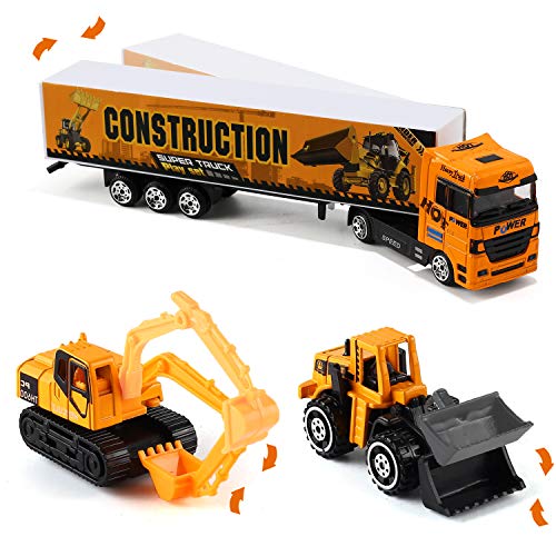 19 in 1 Construction Truck with Engineering Worker Toy Set, Mini Die-Cast Engine Car in Carrier Truck, Double Side Transport Vehicle Play for Child Kid Boy Girl Birthday Christmas Party Favors by Byonebye
