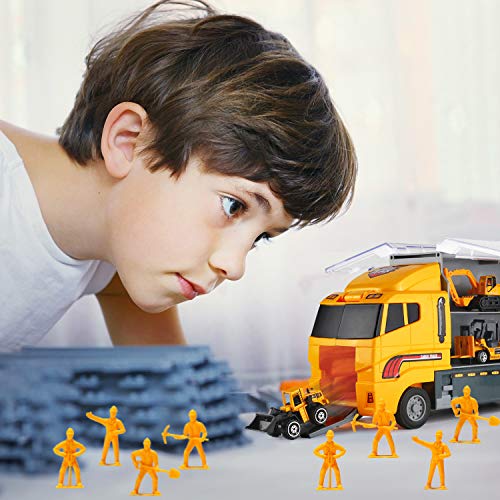 19 in 1 Construction Truck with Engineering Worker Toy Set, Mini Die-Cast Engine Car in Carrier Truck, Double Side Transport Vehicle Play for Child Kid Boy Girl Birthday Christmas Party Favors by Byonebye