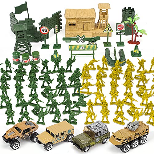 TOY Life Plastic Army Men Plus Die Cast Military Toy Vehicles Play Set | 95pc Piece Army Toys Gift Set for Boys | Includes Toy Soldiers Army Base Toy Props Plus 4 Diecast Military Toy Vehicles by Toy Life