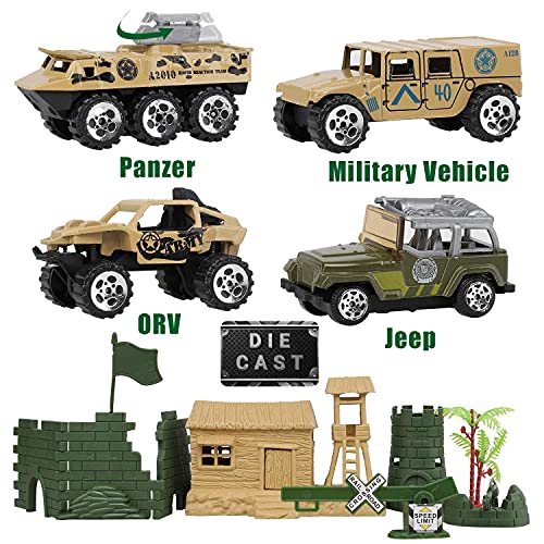 TOY Life Plastic Army Men Plus Die Cast Military Toy Vehicles Play Set | 95pc Piece Army Toys Gift Set for Boys | Includes Toy Soldiers Army Base Toy Props Plus 4 Diecast Military Toy Vehicles by Toy Life