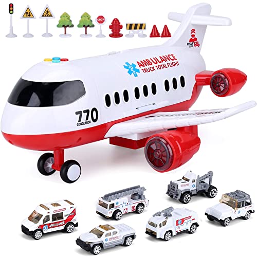 Airplane Toy, Kids Airplane Toys for 3 4 5 6 Year Old Boys Girls Toddlers, Ambulance Aircraft Vehicle Play Set with 6 Rescue Trucks from Acksonse
