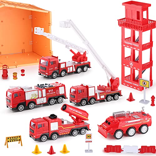 iPlay, iLearn Kids Fire Trucks Toy, Boys Firefighter Play Vehicles, Fire Station Set, Ladder Truck, Toddlers Emergency Rescue Firetruck, Fireman Toys, Birthday Gifts for Age 3 4 5 Year Old Children from iPlay, iLearn