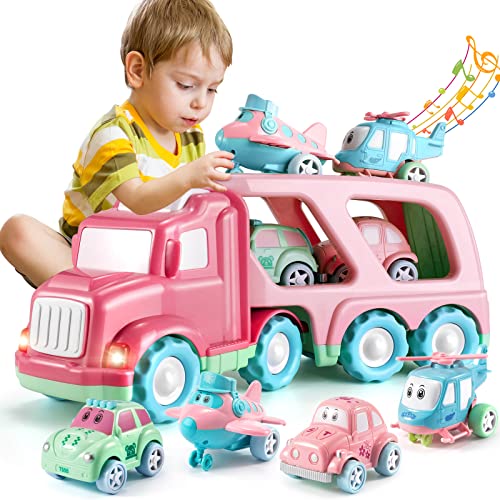 TEMI Cartoon Vehicles Playset Transport Car Carrier Truck - 5 in 1 Push and Go Trailer W/ Sounds & Lights, 4 Macaron Friction Power Car/Airplane/Helicopter by TEMI