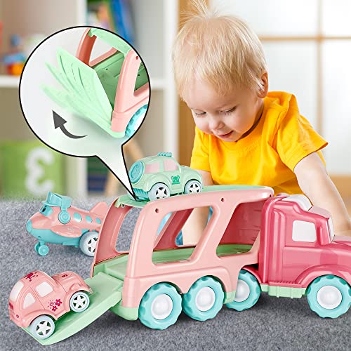 TEMI Cartoon Vehicles Playset Transport Car Carrier Truck - 5 in 1 Push and Go Trailer W/ Sounds & Lights, 4 Macaron Friction Power Car/Airplane/Helicopter by TEMI