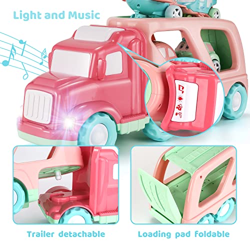 TEMI Cartoon Vehicles Playset Transport Car Carrier Truck - 5 in 1 Push and Go Trailer W/ Sounds & Lights, 4 Macaron Friction Power Car/Airplane/Helicopter by TEMI
