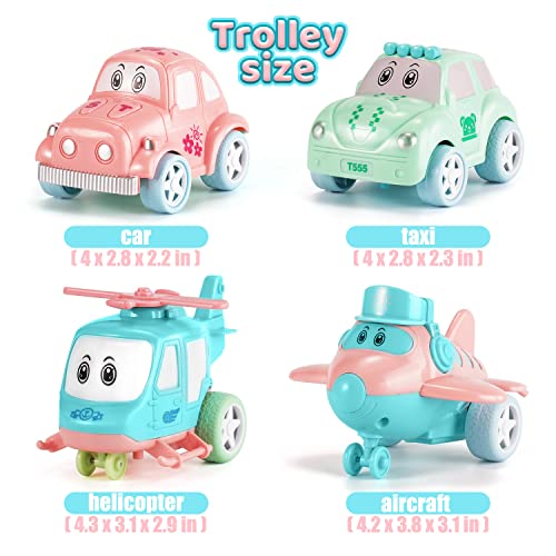 TEMI Cartoon Vehicles Playset Transport Car Carrier Truck - 5 in 1 Push and Go Trailer W/ Sounds & Lights, 4 Macaron Friction Power Car/Airplane/Helicopter by TEMI