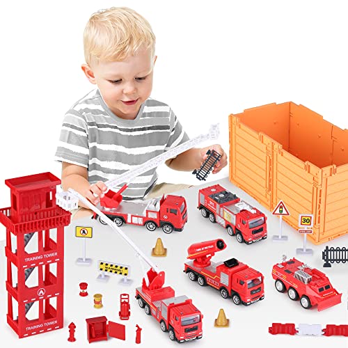 iPlay, iLearn Kids Fire Trucks Toy, Boys Firefighter Play Vehicles, Fire Station Set, Ladder Truck, Toddlers Emergency Rescue Firetruck, Fireman Toys, Birthday Gifts for Age 3 4 5 Year Old Children from iPlay, iLearn