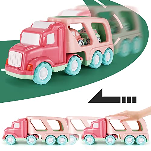 TEMI Cartoon Vehicles Playset Transport Car Carrier Truck - 5 in 1 Push and Go Trailer W/ Sounds & Lights, 4 Macaron Friction Power Car/Airplane/Helicopter by TEMI