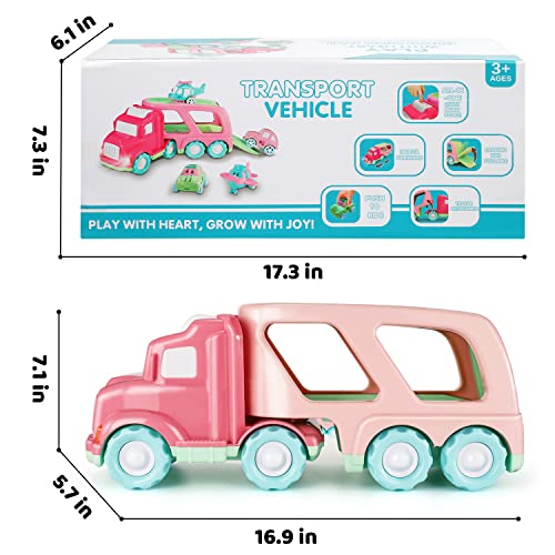 TEMI Cartoon Vehicles Playset Transport Car Carrier Truck - 5 in 1 Push and Go Trailer W/ Sounds & Lights, 4 Macaron Friction Power Car/Airplane/Helicopter by TEMI