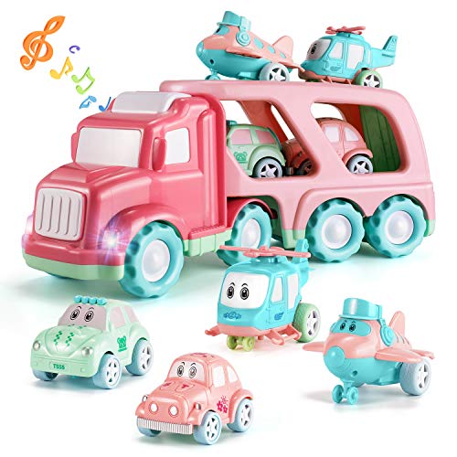 TEMI Cartoon Vehicles Playset Transport Car Carrier Truck - 5 in 1 Push and Go Trailer W/ Sounds & Lights, 4 Macaron Friction Power Car/Airplane/Helicopter by TEMI