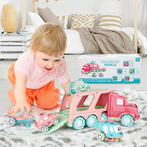 TEMI Cartoon Vehicles Playset Transport Car Carrier Truck - 5 in 1 Push and Go Trailer W/ Sounds & Lights, 4 Macaron Friction Power Car/Airplane/Helicopter by TEMI
