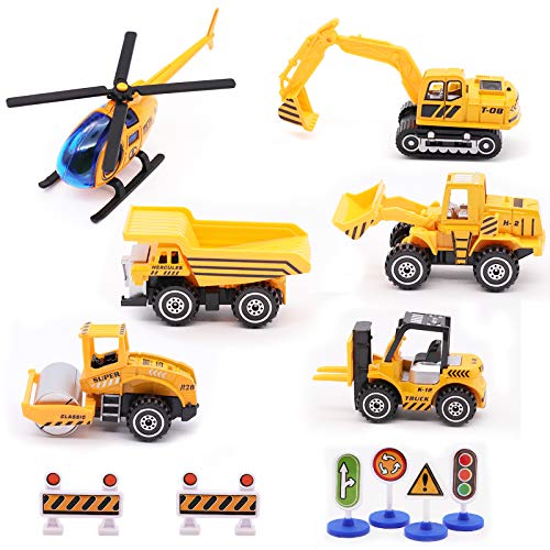 Engineering Vehicle Toys Set Alloy Construction Big Forklift,Single Drum Roller,Stacker/Crane,Helicopter,Excavator,Heavy Duty Truck Mini Toy Set for Kids Boys Girl by CQX