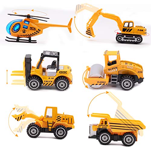 Engineering Vehicle Toys Set Alloy Construction Big Forklift,Single Drum Roller,Stacker/Crane,Helicopter,Excavator,Heavy Duty Truck Mini Toy Set for Kids Boys Girl by CQX