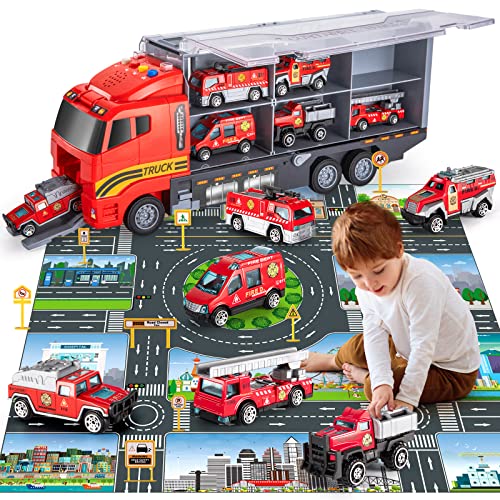 Toddler Toys for 3-9 Years Old Boys Die-cast Emergency Fire Rescue Vehicle Double Side Transport Car Toy Set W/Play Mat, Alloy Metal Fire Truck Gifts for Age 3 4 5 6 Kids Boys Girls Birthday Party by TEMI