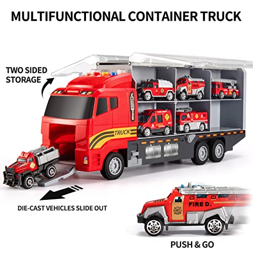 Toddler Toys for 3-9 Years Old Boys Die-cast Emergency Fire Rescue Vehicle Double Side Transport Car Toy Set W/Play Mat, Alloy Metal Fire Truck Gifts for Age 3 4 5 6 Kids Boys Girls Birthday Party by TEMI