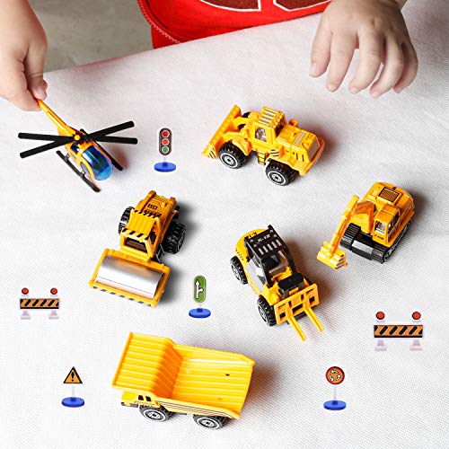 Engineering Vehicle Toys Set Alloy Construction Big Forklift,Single Drum Roller,Stacker/Crane,Helicopter,Excavator,Heavy Duty Truck Mini Toy Set for Kids Boys Girl by CQX