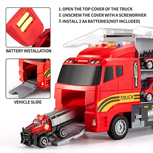 Toddler Toys for 3-9 Years Old Boys Die-cast Emergency Fire Rescue Vehicle Double Side Transport Car Toy Set W/Play Mat, Alloy Metal Fire Truck Gifts for Age 3 4 5 6 Kids Boys Girls Birthday Party by TEMI