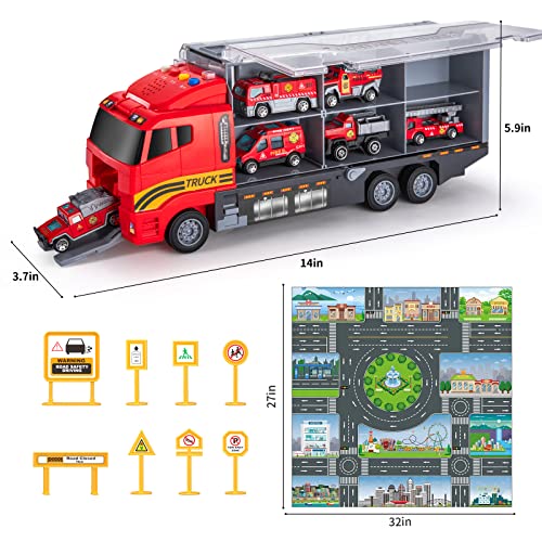 Toddler Toys for 3-9 Years Old Boys Die-cast Emergency Fire Rescue Vehicle Double Side Transport Car Toy Set W/Play Mat, Alloy Metal Fire Truck Gifts for Age 3 4 5 6 Kids Boys Girls Birthday Party by TEMI