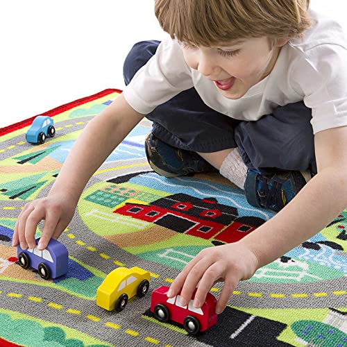 Melissa & Doug Round the Town Road Rug & Car Set (Cars & Trucks, Safe for All Floors, 4 Wooden Cars, Frustration-Free Packaging) by Melissa & Doug