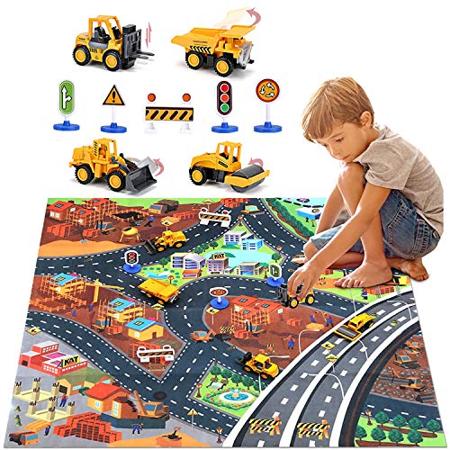 Construction Vehicles Truck Toys Set with Play Mat, Mini Engineering Diecast Trucks Pull Back cars, Alloy Metal Car Play Set with 6 Road Signs, 4 Trucks and Play Mat, Toy Trucks for Toddlers, Kids from SunbriloStore