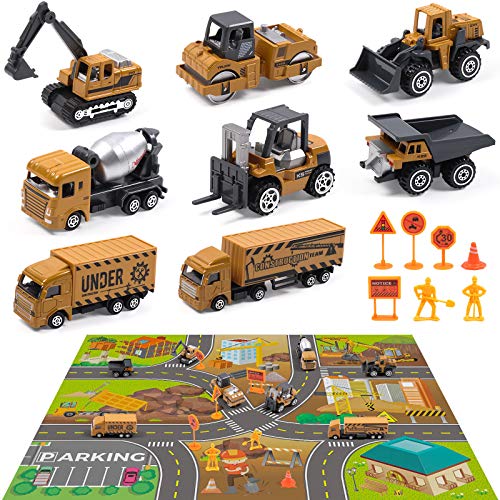 DigHealth Construction Vehicles Toys Set with 32Ã28 Inches Play Mat, 8 Mini Alloy Engineering Trucks and 7 Road Signs, Excavator and Dumper Truck Toy Gift for 3 4 5 6 7 Years Old Kids, Boy and Toddler from WYX