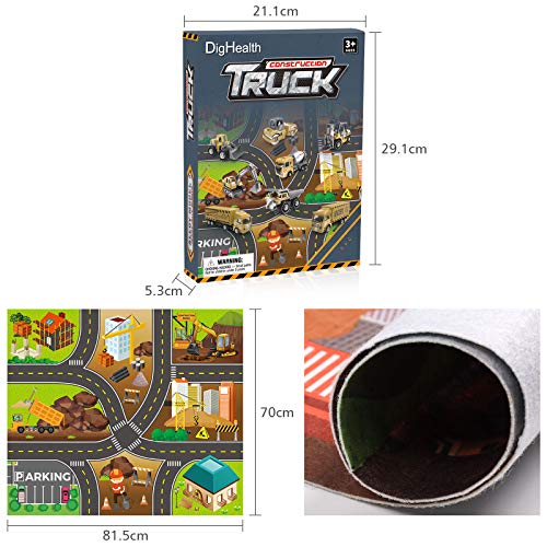DigHealth Construction Vehicles Toys Set with 32Ã28 Inches Play Mat, 8 Mini Alloy Engineering Trucks and 7 Road Signs, Excavator and Dumper Truck Toy Gift for 3 4 5 6 7 Years Old Kids, Boy and Toddler from WYX