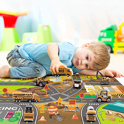 DigHealth Construction Vehicles Toys Set with 32Ã28 Inches Play Mat, 8 Mini Alloy Engineering Trucks and 7 Road Signs, Excavator and Dumper Truck Toy Gift for 3 4 5 6 7 Years Old Kids, Boy and Toddler from WYX