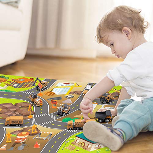DigHealth Construction Vehicles Toys Set with 32Ã28 Inches Play Mat, 8 Mini Alloy Engineering Trucks and 7 Road Signs, Excavator and Dumper Truck Toy Gift for 3 4 5 6 7 Years Old Kids, Boy and Toddler from WYX