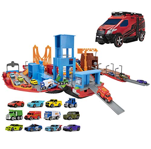 Micro Machines Super Van City Playset - Includes 12 MM Vehicles, Working Bridge, Construction Site, High Rise Building, Drag Strip, Ramps - Collect Them All by Jazwares, LLC