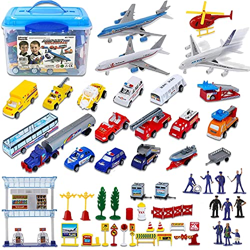 Liberty Imports Deluxe 57-Piece Kids Commercial Airport Playset in Storage Bucket with Airplane Toy, Play Vehicles, Fire Trucks, Police Cars & Figures, and Accessories from Liberty Imports