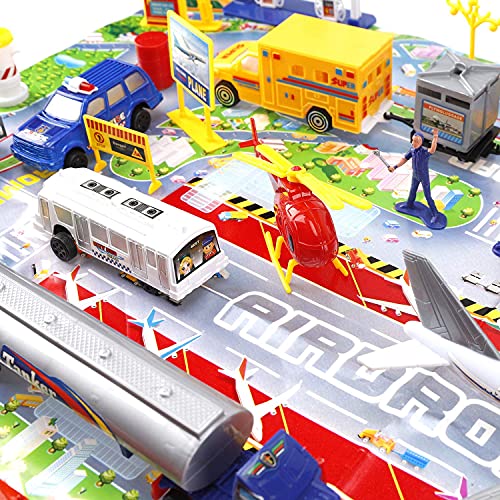 Liberty Imports Deluxe 57-Piece Kids Commercial Airport Playset in Storage Bucket with Airplane Toy, Play Vehicles, Fire Trucks, Police Cars & Figures, and Accessories from Liberty Imports
