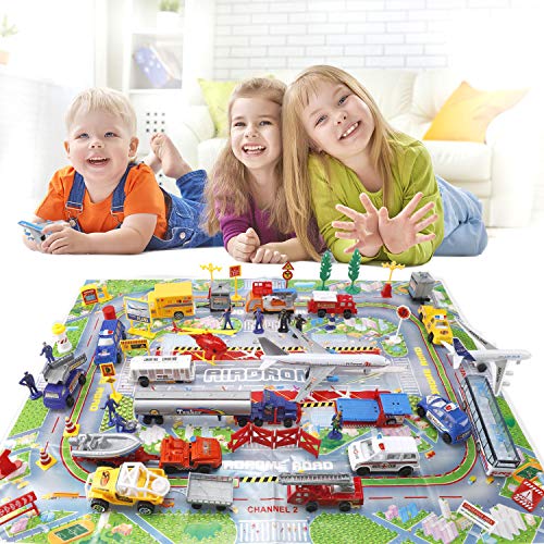 Liberty Imports Deluxe 57-Piece Kids Commercial Airport Playset in Storage Bucket with Airplane Toy, Play Vehicles, Fire Trucks, Police Cars & Figures, and Accessories from Liberty Imports