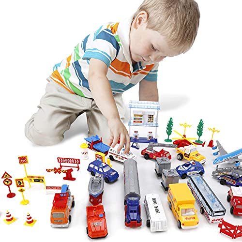 Liberty Imports Deluxe 57-Piece Kids Commercial Airport Playset in Storage Bucket with Airplane Toy, Play Vehicles, Fire Trucks, Police Cars & Figures, and Accessories from Liberty Imports