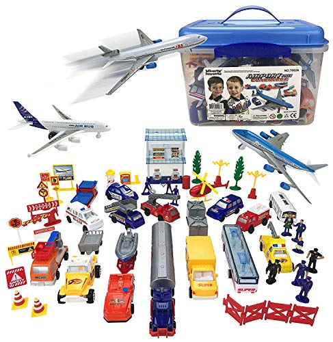 Liberty Imports Deluxe 57-Piece Kids Commercial Airport Playset in Storage Bucket with Airplane Toy, Play Vehicles, Fire Trucks, Police Cars & Figures, and Accessories from Liberty Imports
