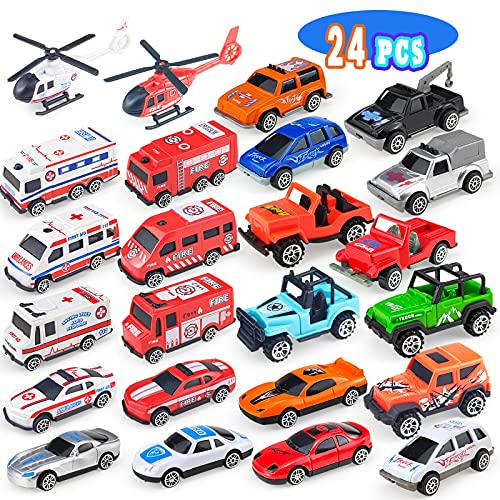Tcvents 24 Pack Mini Plastic Vehicles & Trucks & Race Car Toys Set for Kids Toddlers Boys Girls, Ambulances/Fire Trucks/Race Cars/ Off-Road Vehicle Cars Toy Play Set for Party Favors Cake Topper by Tcvents