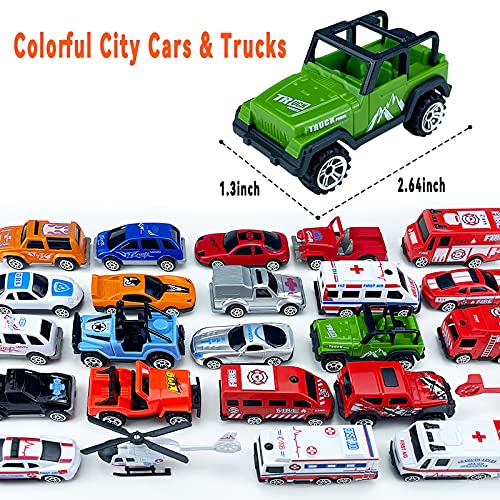 Tcvents 24 Pack Mini Plastic Vehicles & Trucks & Race Car Toys Set for Kids Toddlers Boys Girls, Ambulances/Fire Trucks/Race Cars/ Off-Road Vehicle Cars Toy Play Set for Party Favors Cake Topper by Tcvents