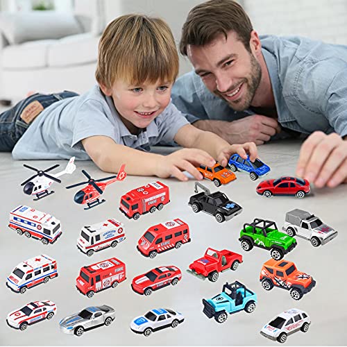 Tcvents 24 Pack Mini Plastic Vehicles & Trucks & Race Car Toys Set for Kids Toddlers Boys Girls, Ambulances/Fire Trucks/Race Cars/ Off-Road Vehicle Cars Toy Play Set for Party Favors Cake Topper by Tcvents
