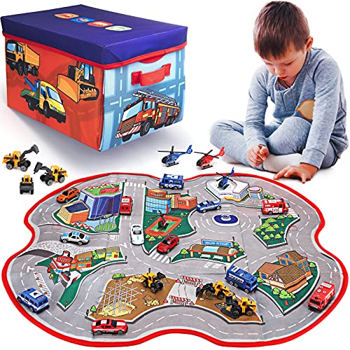 2 in 1 Convertible Toy Storage Box & Road Play Mat with 17 Pieces Cars & Trucks | Collapsible Fabric Cube Organizer City Rescue Vehicles Garage Bin for Kids Imaginary Play Set by Liberty Imports