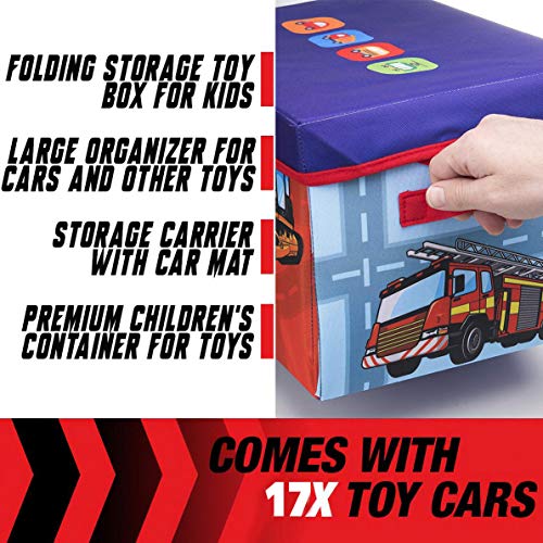 2 in 1 Convertible Toy Storage Box & Road Play Mat with 17 Pieces Cars & Trucks | Collapsible Fabric Cube Organizer City Rescue Vehicles Garage Bin for Kids Imaginary Play Set by Liberty Imports