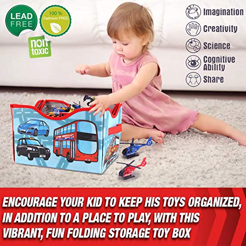 2 in 1 Convertible Toy Storage Box & Road Play Mat with 17 Pieces Cars & Trucks | Collapsible Fabric Cube Organizer City Rescue Vehicles Garage Bin for Kids Imaginary Play Set by Liberty Imports