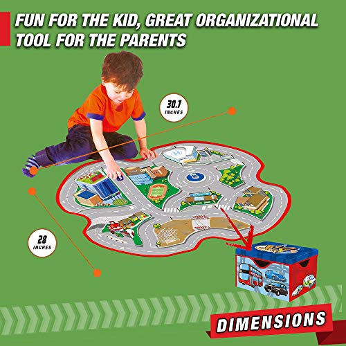 2 in 1 Convertible Toy Storage Box & Road Play Mat with 17 Pieces Cars & Trucks | Collapsible Fabric Cube Organizer City Rescue Vehicles Garage Bin for Kids Imaginary Play Set by Liberty Imports